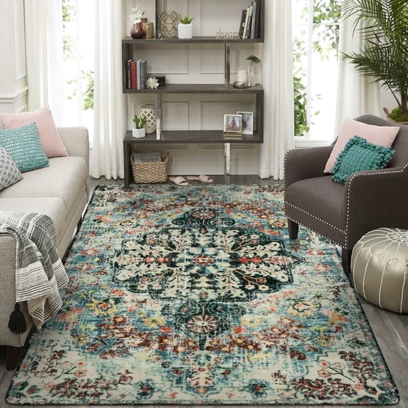 Wonnitar 9'x12' Area Rug for Living Room Large Soft Bedroom Washable Rug Non Slip Boho Floral Dining Room Mat Indoor Accent Carpet for Nursery Kids Playroom