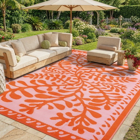 Wonnitar Large Outdoor Rugs Waterproof 9'x12' Reversible Plastic Straw Rug, Tropical Botanical Outside Carpet for RV Patio Deck Porch Balcony Picnic Camping Beach, Orange-Aquatic