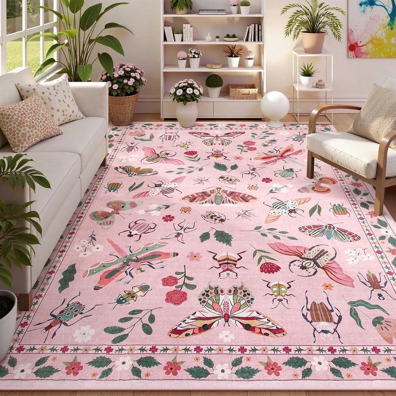 Insect Area Rug Wonnitar 9'x12' Insect Washable Area Rug - Soft Pink Nature-Inspired ...