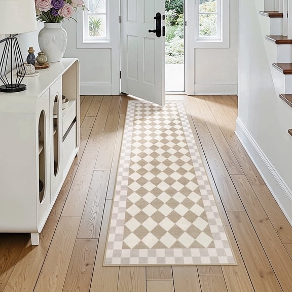Wonnitar 2'x 6' Checkered Runner Rug for Hallway, Washable Beige Checkerboard Rug for Entryway, Non Slip Soft Low Pile Geometric Indoor Carpet for Kitchen, Bedroom, Nursery