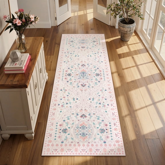 Wonnitar 2'x 6' Boho Floral Runner Rug, Washable Non-Slip Hallway & Bedroom Carpet, Soft Low Pile Vintage Rug for Entryway, Bathroom, Laundry