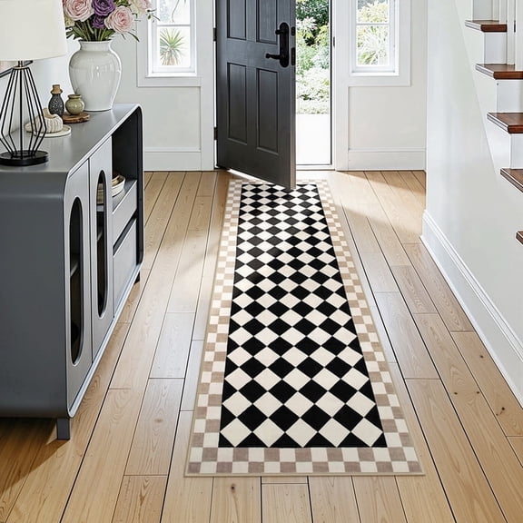 Wonnitar 2'x 6' Checkered Runner Rug for Hallway, Washable Black and White Checkerboard Rug for Entryway, Non Slip Soft Low Pile Geometric Indoor Carpet for Kitchen, Bedroom, Nursery