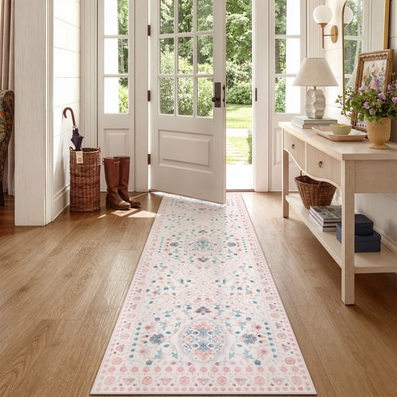 Wonnitar 2.5'x 8' Floral Runner Rug, Vintage Pink Washable Rug for Hallway & Kitchen, Soft Low Pile Non-Slip Carpet for Bedroom, Laundry Room