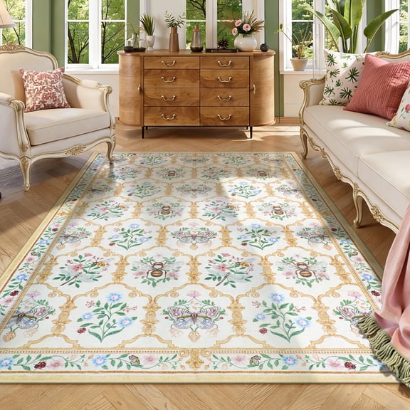 Wonnitar 5'x 7' Floral Area Rug for Living Room, Cottagecore Washable Rug for Bedroom, White Non Slip Botanical Bee Rug Soft Low-Pile Carpet for Nursery Kids Room Sunroom