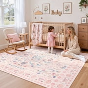 Wonnitar 5'x 7' Pink Floral Area Rug for Girls Bedroom - Machine Washable Nursery & Kids Room Carpet, Ultra-Thin Non-Slip Soft Rug for Dorm, Playroom