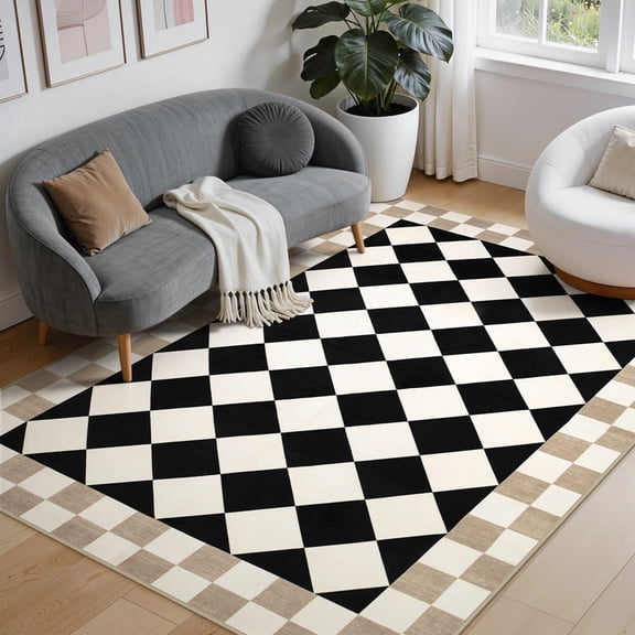 Wonnitar 5'x 7' Checkered Area Rug for Bedroom, Machine Washable Rug for Girls Room, Non-Slip Soft Low-Pile Carpet for Nursery, Dorm, Living Room