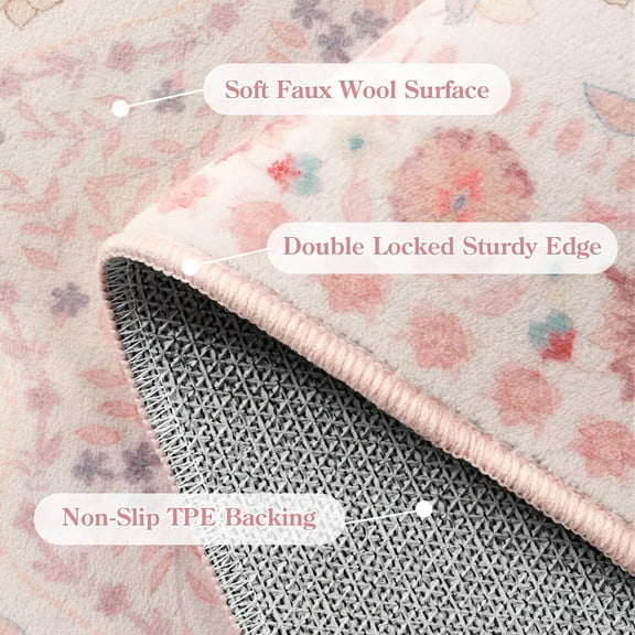 Wonnitar 5'x 7' Pink Floral Area Rug for Girls Bedroom - Machine Washable Nursery & Kids Room Carpet, Ultra-Thin Non-Slip Soft Rug for Dorm, Playroom