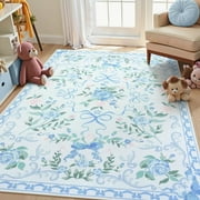 Wonnitar Floral 5'x 7' Area Rug for Nursery, Cute Bow Accent Rugs for Kids Room, Washable Non Slip Soft Low Pile for Bedroom, Playroom, Living Room, Vanity, Blu