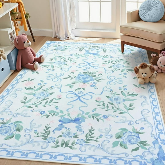 Wonnitar Floral 5'x 7' Area Rug for Nursery, Cute Bow Accent Rugs for Kids Room, Washable Non Slip Soft Low Pile for Bedroom, Playroom, Living Room, Vanity, Blue