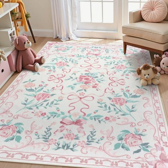 Wonnitar 5'x 7' Bow Nursery Rug for Living Room Washable Area Rug forDorm, Cute Ultra-Thin Non Slip Indoor Decor Carpet for Kids Room Playroom