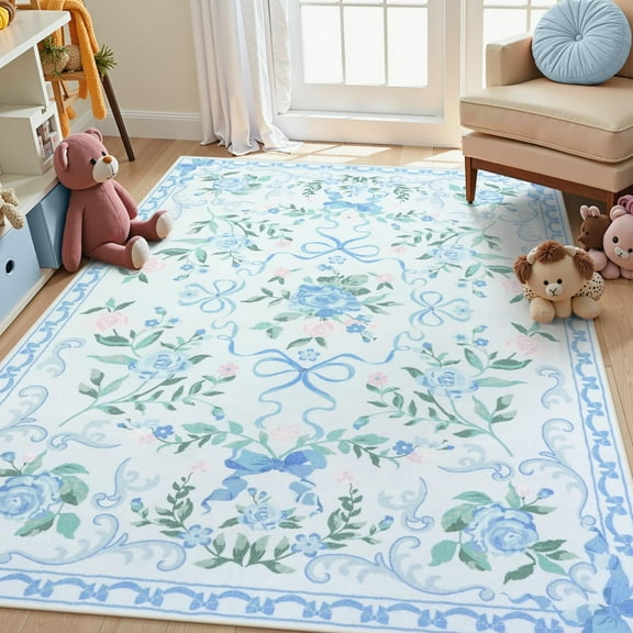 Wonnitar 5'x 7' Bow Nursery Rug for Living Room Washable Area Rug forDorm, Cute Ultra-Thin Non Slip Indoor Decor Carpet for Kids Room Playroom
