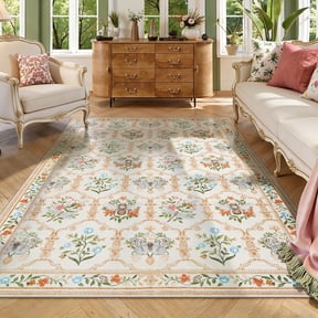 Wonnitar 5'x 7' Floral Area Rug for Living Room, Cottagecore Washable Rug for Bedroom, Beige Non Slip Botanical Bee Rug Soft Low-Pile Carpet for Nursery Kids Room Sunroom