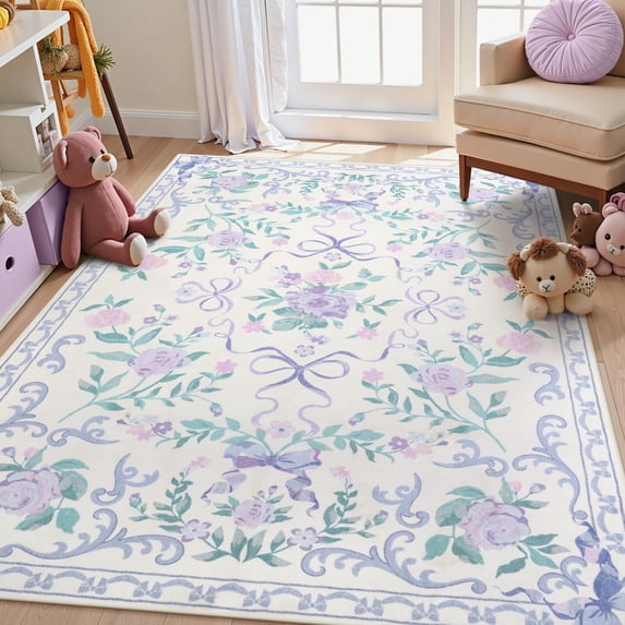 Wonnitar Floral 5'x 7' Area Rug for Nursery, Cute Bow Accent Rugs for Kids Room, Washable Non Slip Soft Low Pile for Bedroom, Playroom, Living Room, Vanity, Purple