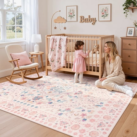 Wonnitar 5'x 7' Pink Floral Area Rug for Girls Bedroom - Machine Washable Nursery & Kids Room Carpet, Ultra-Thin Non-Slip Soft Rug for Dorm, Playroom