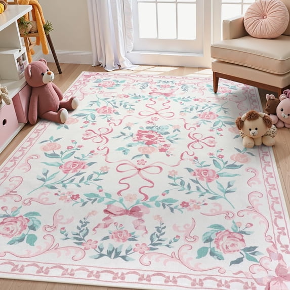 Wonnitar Floral 5'x 7' Area Rug for Nursery, Cute Bow Accent Pink Rugs for Kids Room, Washable Non Slip Soft Low Pile for Bedroom, Playroom, Living Room, Vanity