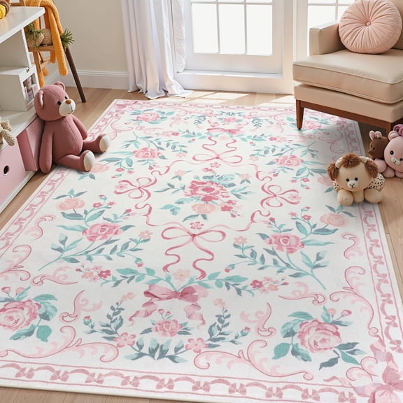 Wonnitar Floral 5'x 7' Area Rug for Nursery, Cute Bow Accent Pink Rugs for Kids Room, Washable Non Slip Soft Low Pile for Bedroom, Playroom, Living Room, Vanity
