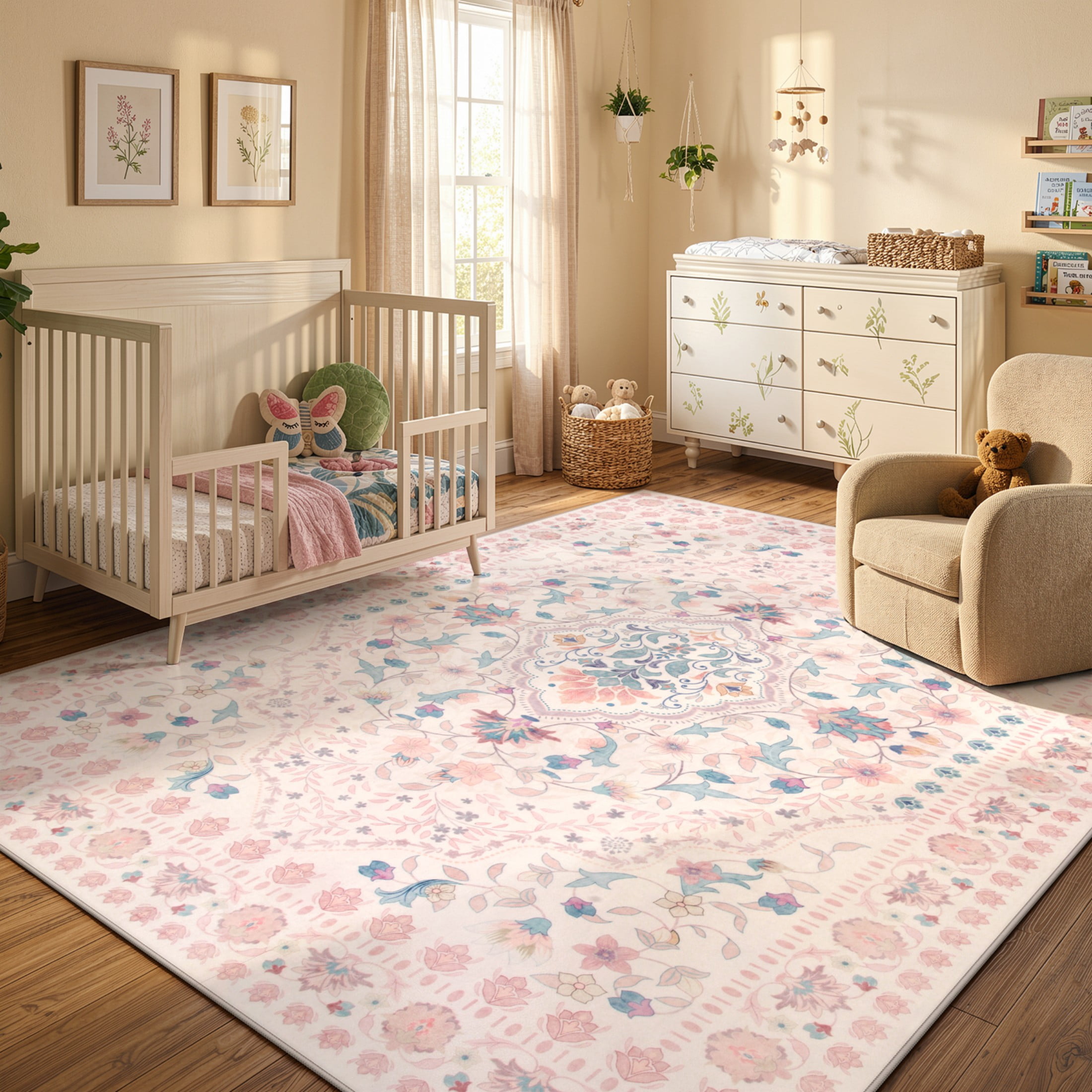 Wonnitar 8'x 10' Floral Area Rug - Machine Washable Non-Slip Boho Rug for Living Room, Soft Low Pile Carpet for Bedroom, Dining Room, Nursery