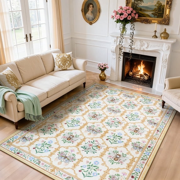 Wonnitar 8'x 10' Floral Large Area Rug for Living Room, Cottagecore Washable Rug for Bedroom, White Non Slip Botanical Bee Rug Soft Low-Pile Carpet for Nursery Kids Room Sunroom