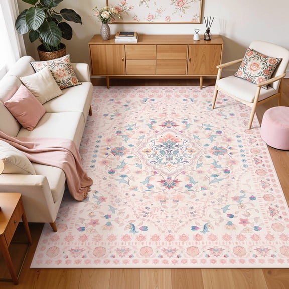 Wonnitar 8'x 10' Floral Area Rug - Machine Washable Non-Slip Boho Rug for Living Room, Soft Low Pile Carpet for Bedroom, Dining Room, Nursery