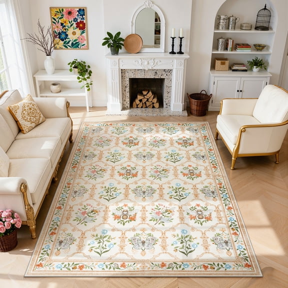 Wonnitar 8'x 10' Floral Large Area Rug for Living Room, Cottagecore Washable Rug for Bedroom, Beige Non Slip Botanical Bee Rug Soft Low-Pile Carpet for Nursery Kids Room Sunroom