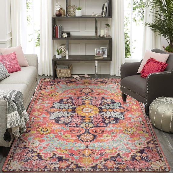 Wonnitar Area Rugs 9x12 Rugs for Living Room,Large Bedroom Dining Room Rug,Boho Vintage Soft Non-Slip Non-Shedding Low Pile Printed Indoor Carpet for Nursery Kids Home Office(9x12ft,Fuchsia)