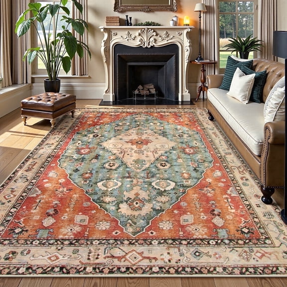 Wonnitar Boho Tribal 5'x7' Area Rug for Living Room, Washable Rug for Bedroom Vintage Boho Accent Rug for Dinning Room Office Non Ship Low Pile Stain Resistant Red