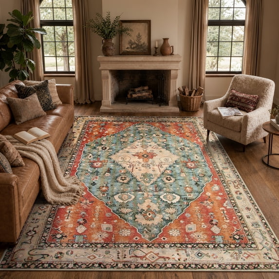 Wonnitar 5' x 7' Boho Area Rug for Living Room, Washable Rug for Bedroom Vintage Oriental Traditional Carpet Accent Rug for Dinning Room Office Non Ship Low Pile Stain Resistant Red