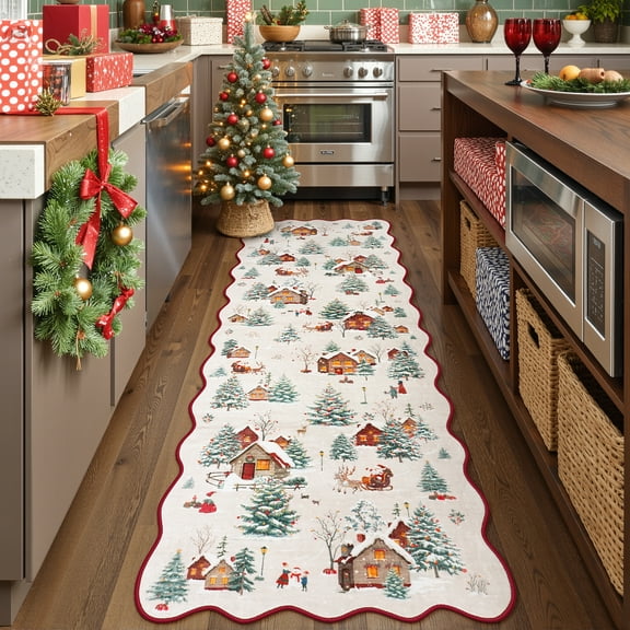 Wonnitar Christmas Runner Rugs, 2x6 Beige Kitchen Rug Washable Non Slip, Soft Ultra-Thin Christmas Tree Santa Claus Holiday Decor Runner Carpet for Hallway Bathroom Bedside