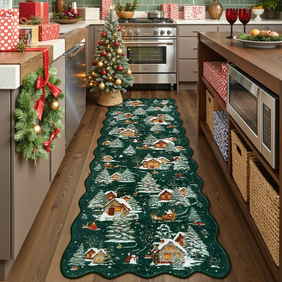 Wonnitar Christmas Runner Rugs, 2x6 Green Kitchen Rug Washable Non Slip, Soft Ultra-Thin Christmas Tree Santa Claus Holiday Decor Runner Carpet for Hallway Bathroom Bedside