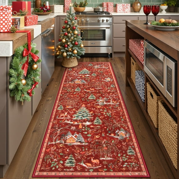 Wonnitar Christmas Runner Rug 2x6, Non Slip Washable Hallway Carpet Runner Soft Xmas Kitchen Rug Winter Reindeer Indoor Throw Rug for Entryway Bathroom Holiday Decor, Red