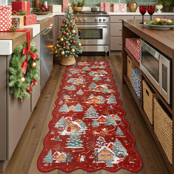 Wonnitar Christmas Runner Rugs, 2x6 Red Kitchen Rug Washable Non Slip, Soft Ultra-Thin Christmas Tree Santa Claus Holiday Decor Runner Carpet for Hallway Bathroom Bedside