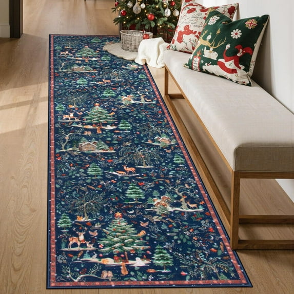 Wonnitar Christmas Hallway Runner Rug 2x8, Non Slip Soft Long Kitchen Carpet Runner, Washable Low Pile Xmas Tree Carpet Runner for Entryway Bathroom Holiday Winter Decor, Navy Blue