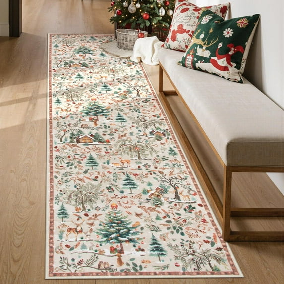 Wonnitar 2x8 Christmas Rug for Hallway Runner, Non Slip Soft Long Kitchen Carpet Runner, Washable Low Pile Xmas Tree Carpet Runner for Entryway Bathroom Holiday Winter Decor, Beige