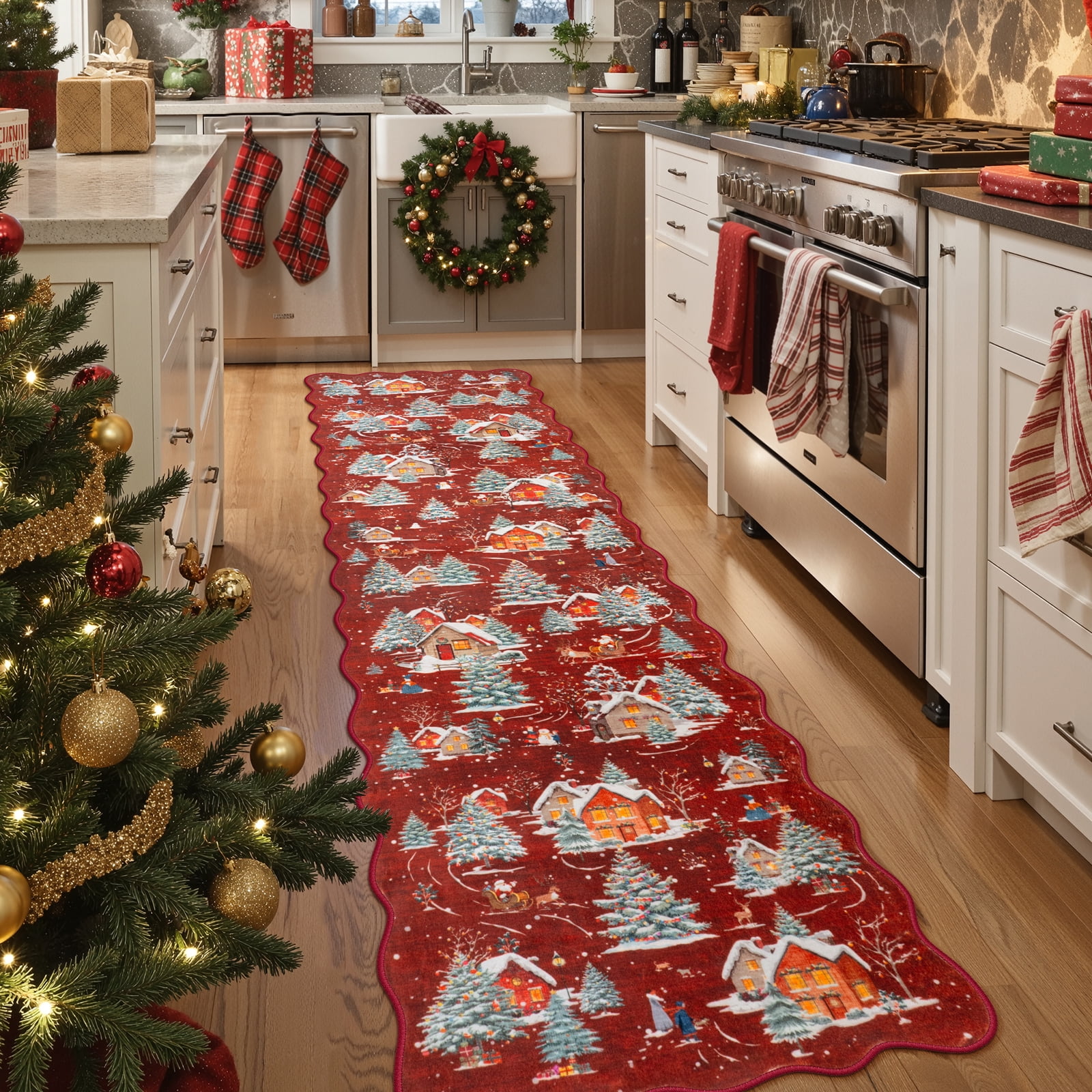 Wonnitar Christmas Runner Rug for Hallway, 2x8 Red Kitchen Rug Washable Non Slip, Soft Ultra-Thin Christmas Tree Santa Claus Holiday Decor Runner Carpet for Entrance Bedside
