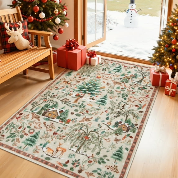 Wonnitar Christmas Washable Rug 3x5, Non Slip Christmas Entryway Area Rug, Soft Xmas Living Room Throw Rug, Ultra Thin Indoor Floor Carpet for Kitchen Bedroom Holiday Decor, Beige