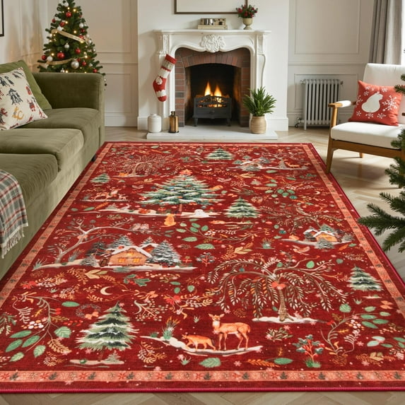 Wonnitar Christmas 5x7 Area Rug, Washable Soft Rug for Living Room, Non Slip Xmas Tree Ultra Thin Bedroom Rug, Indoor Floor Carpet for Dining Room Winter Holiday Decor, Red