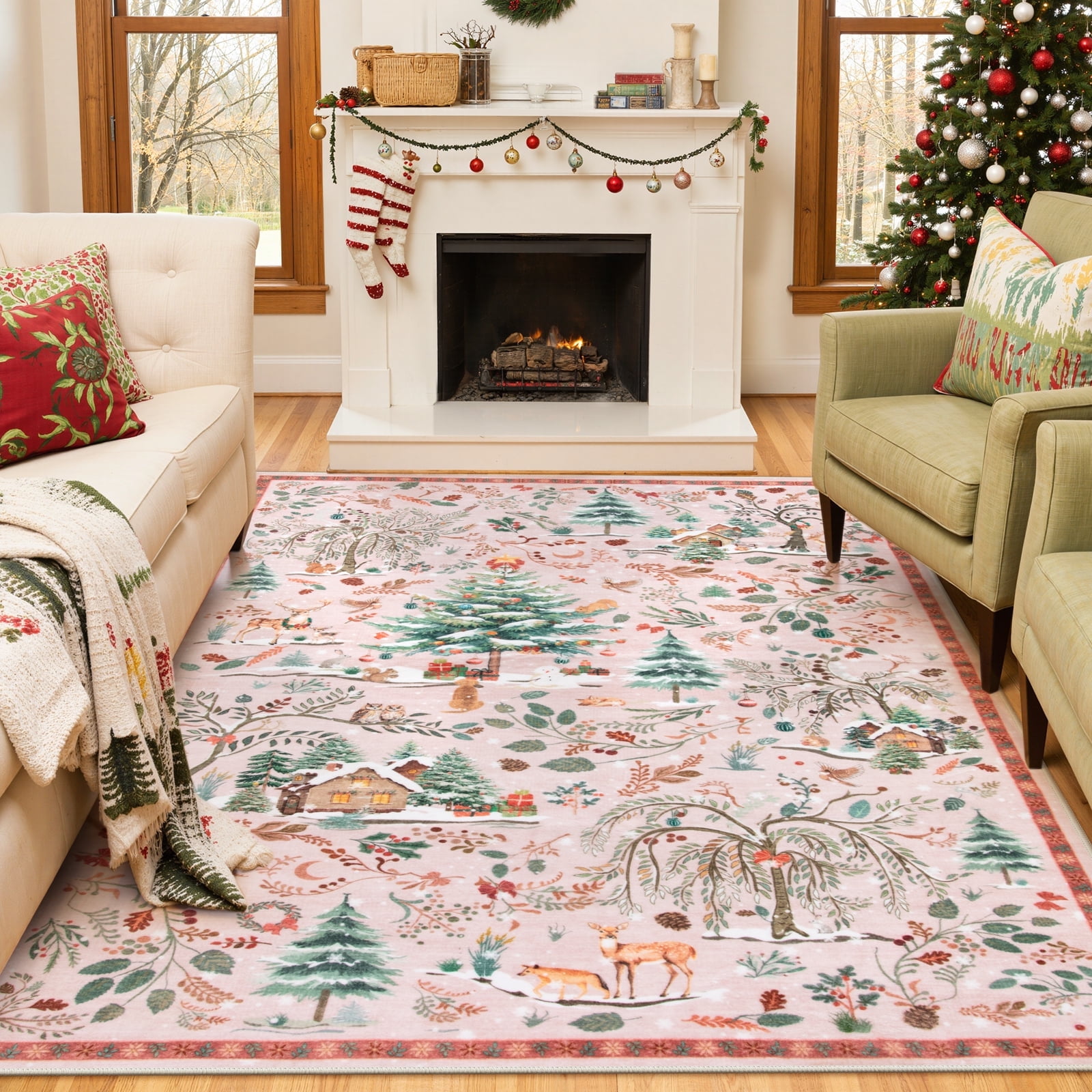 Wonnitar Christmas Pink Area Rug 5x7, Washable Rug for Living Room, Non Slip Xmas Soft Rug for Bedroom Girls, Ultra Thin Floor Carpet for Nursery Kids Room Holiday Decor, Pink