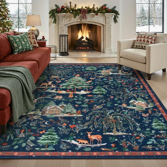 Wonnitar Christmas 5x7 Area Rug, Washable Soft Rug for Living Room, Non Slip Xmas Tree Ultra Thin Bedroom Rug, Indoor Floor Carpet for Dining Room Winter Holiday Decor, Navy Blue