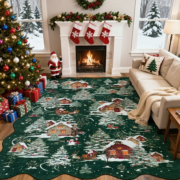 Wonnitar Christmas 8x10 Area Rug for Living Room, Green Washable Rug Non Slip, Soft Christmas Tree Santa Claus Holiday Decor Carpet for Bedroom Kids Room Dining Room Playroom