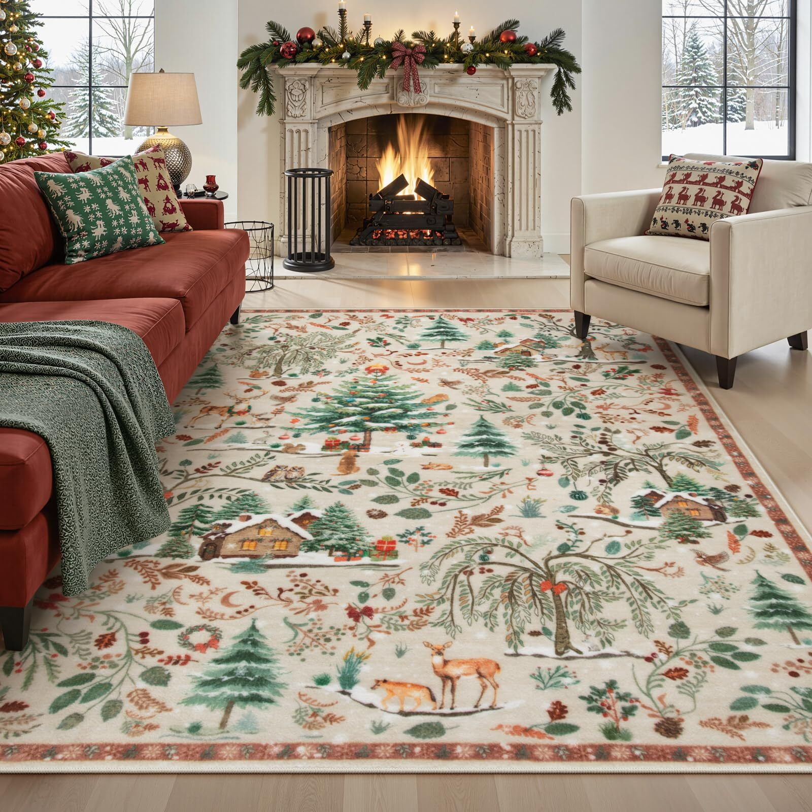 Wonnitar 8x10 Christmas Area Rug, Washable Soft Large Rug for Living Room, Non Slip Low Pile Bedroom Rug Xmas Tree Indoor Floor Carpet for Dining Room Winter Holiday Decor, Beige