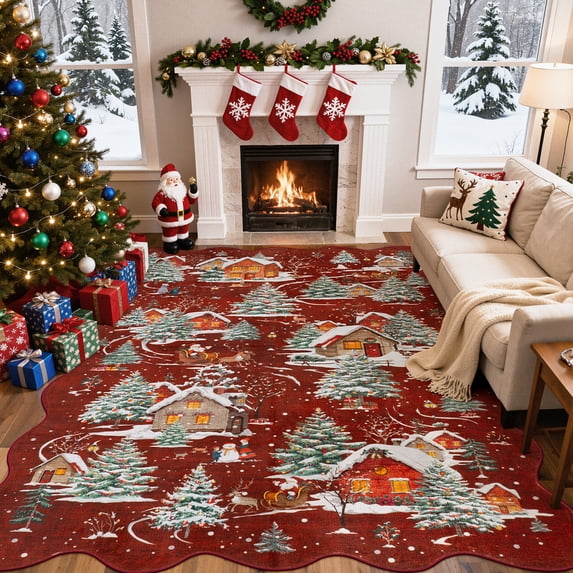 Wonnitar Christmas 8x10 Area Rug for Living Room, Red Washable Rug Non Slip, Soft Christmas Tree Santa Claus Holiday Decor Carpet for Bedroom Kids Room Dining Room Playroom