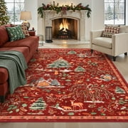Wonnitar Christmas 8x10 Area Rug, Washable Soft Large Rug for Living Room, Non Slip Low Pile Bedroom Rug Xmas Tree Indoor Floor Carpet for Dining Room Winter Holiday Decor, Red