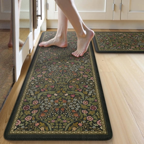 Wonnitar Floral Kitchen Rug Set of 2, Anti Fatigue Cushioned Mat for Kitchen, Non Slip Indoor Botanical Kitchen Mat for Sink, Laundry, Hallway, 17" x 29"+17" x 47" x 0.4" Olive Green