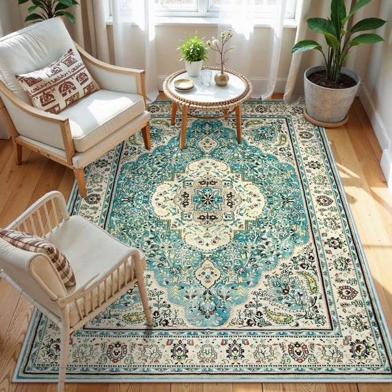 Wonnitar Boho Tribal 4'x6' Area Rug for Living Room, Washable Rug for Bedroom Vintage Oriental Accent Rug for Dinning Room Office Non Ship Low Pile Stain Resistant, Sky Blue