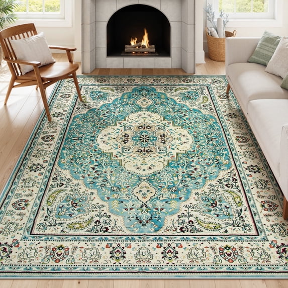 Wonnitar Floral Medallion Area Rug - 5x7 Large Distressed Living Room Rug, Soft Non-Slip Washable Low-Pile Bedroom Mat Floor Accent Carpet for Entryway Dining Room Office, Sky/Baby Blue