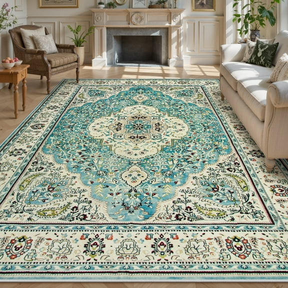 Wonnitar Floral Medallion Area Rug - 8x10 Area Rugs for Living Room Large Bedroom Rug, Turkish Printed Non Slip Non Shed Office Carpet for Dining Room Nursery Bathroom, Sky/Baby Blue