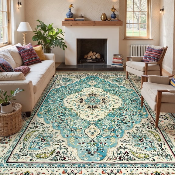 Wonnitar 9'x12' Large Area Rug for Living Room, Washable Rug for Bedroom Vintage Boho Accent Rug for Dinning Room Office Apartment Non Ship Low Pile Stain Resistant Sky Blue