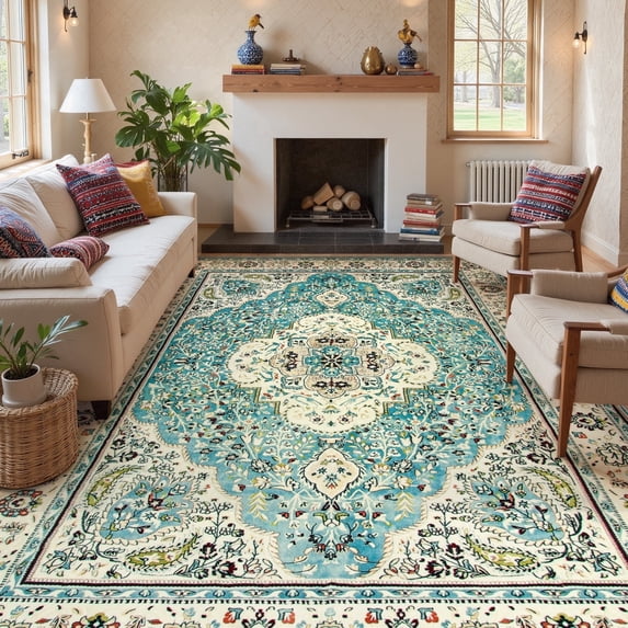 Wonnitar 9'x12' Large Area Rug for Living Room, Washable Rug for Bedroom Vintage Boho Accent Rug for Dinning Room Office Apartment Non Ship Low Pile Stain Resistant Sky Blue