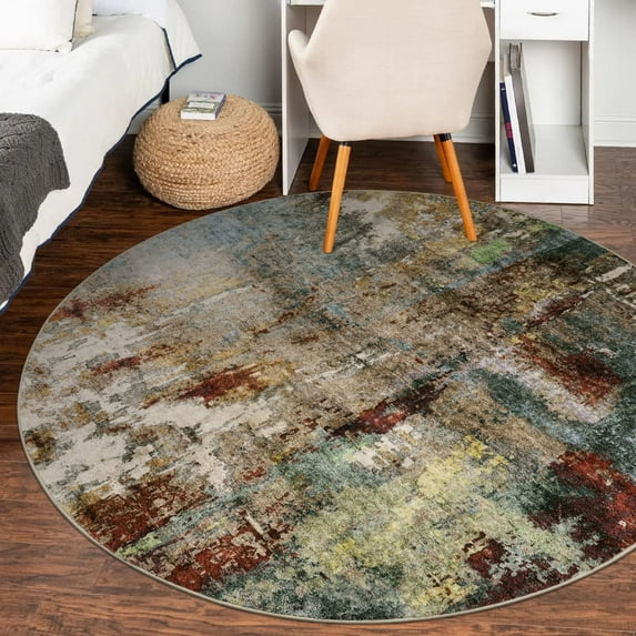 Wonnitar Modern Abstract Area Rug - 5'Round Rosy Clouds Washable Rug, Soft Non-Slip Contemporary Nursery