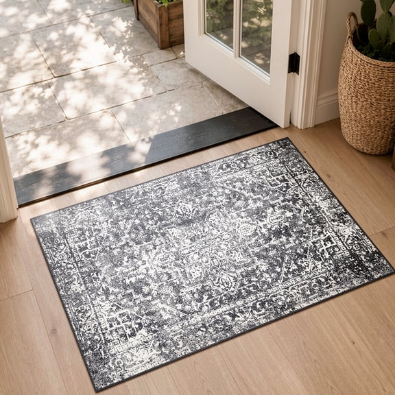 Wonnitar 2'x3' Black Vintage Entryway Rug, Washable Kitchen Rug Non Slip Stain Resistant Oriental Medallion Small Area Rug for Bedroom Bathroom Laundry Room Indoor Door Mat Entrance
